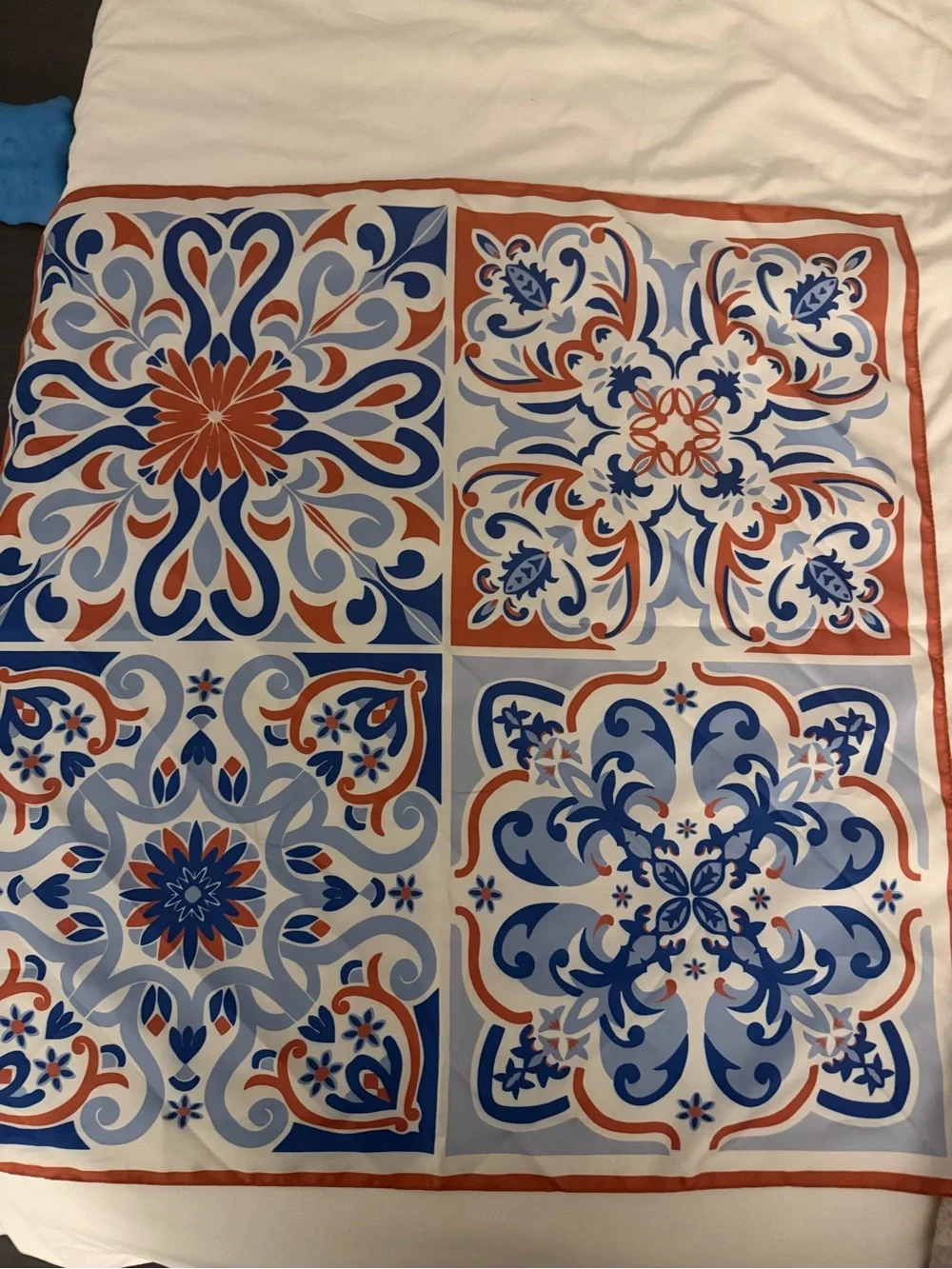 Mango Blue, Light Blue and Rust Patterned Silk Scarf